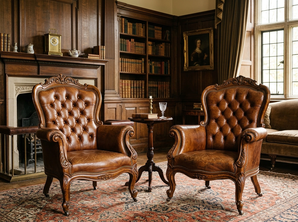 Victorian Burr Walnut Library Armchairs (Pair)